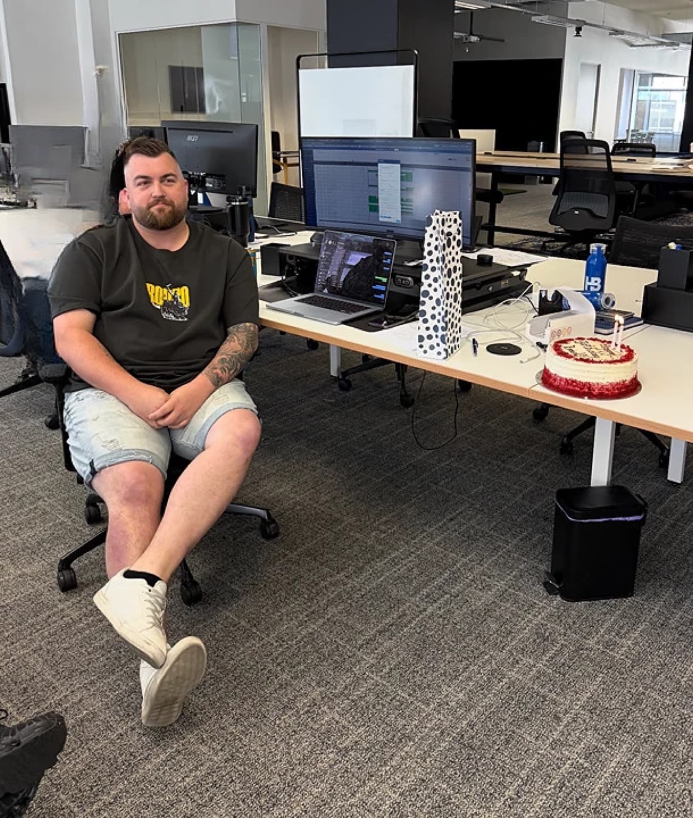 A birthday cake on a team member desk at the HBG office